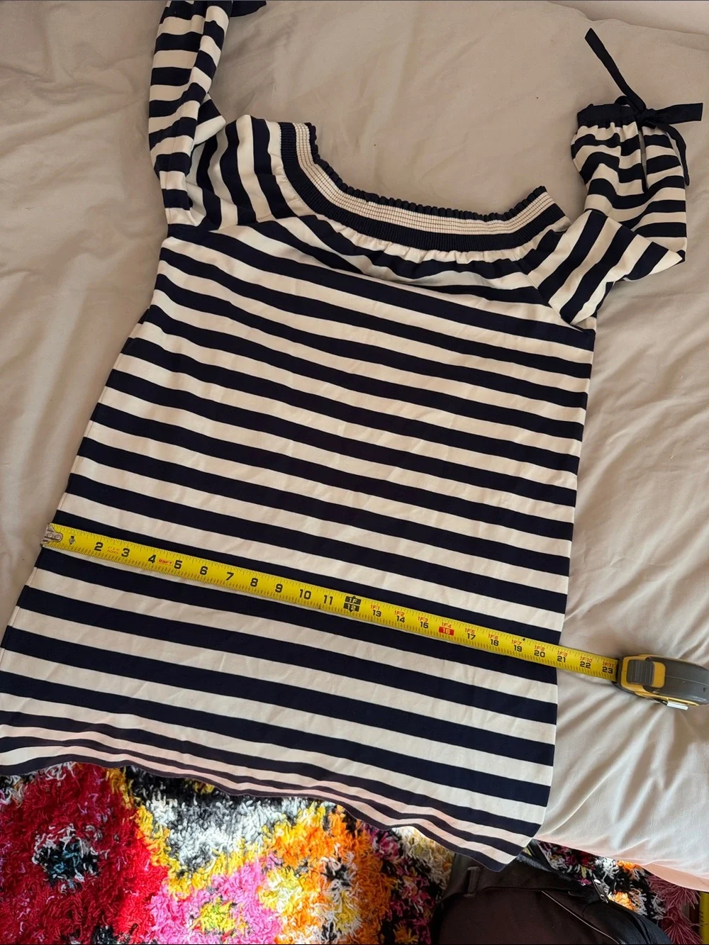 J.Crew Striped Off-Shoulder Tie-Sleeve Shift Dress | Navy Cream | Size S